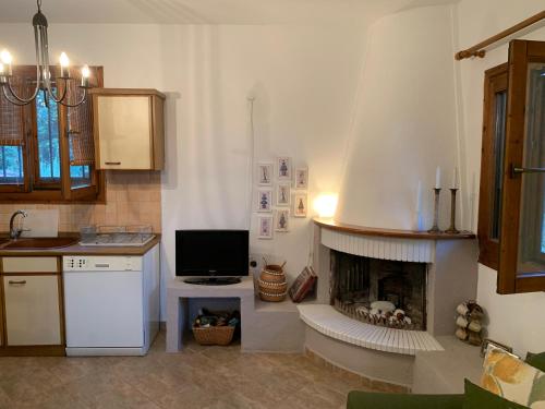 a kitchen with a living room with a fireplace at ZeusPlace Olympus Olive Country House 1 in Leptokaria