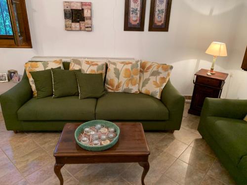 a living room with a green couch and a table at ZeusPlace Olympus Olive Country House 1 in Leptokaria