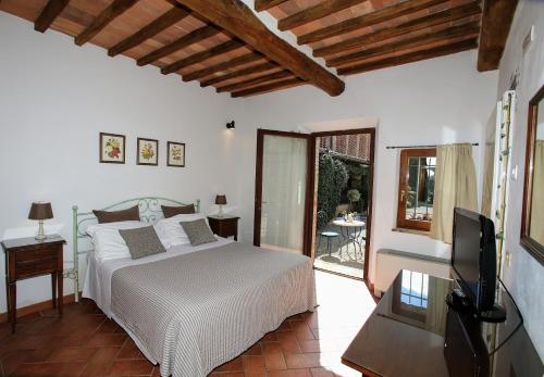 a bedroom with a bed and a television and a patio at L'Aia Country Holidays in Siena