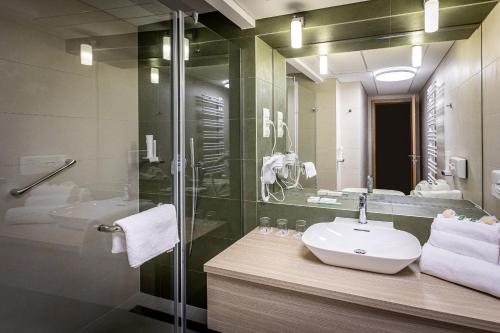 uma casa de banho com um lavatório e um chuveiro em Nádas Tó Park Hotel em Vasad