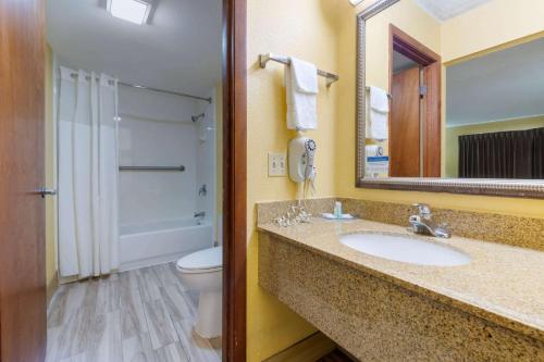 a bathroom with a sink and a toilet and a mirror at Quality Inn & Suites Mt Dora North in Mount Dora