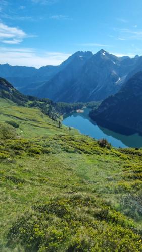 a view of a valley with a lake on a hill at Hotel Alpina in Kleinarl