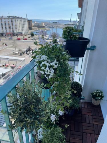 uma varanda com vasos de plantas e vista para a cidade em Le Siam em Brest