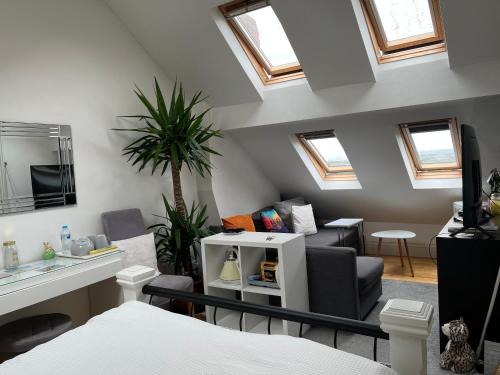 a bedroom with skylights and a living room with a bed at Sabrinas Studio BB&B in Bristol