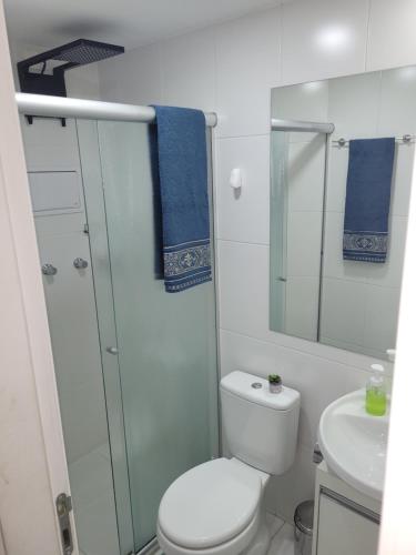 a bathroom with a toilet and a shower and a sink at Lindo loft apartamento studio em Santana, perto do Expo Center Norte, Anhembi, Sambodromo, Campo de Marte, Zona Norte in Sao Paulo