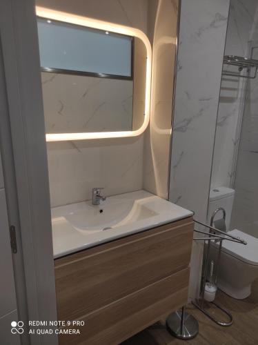 uma casa de banho com um lavatório, um espelho e um WC. em Prado-Gijon em Gijón