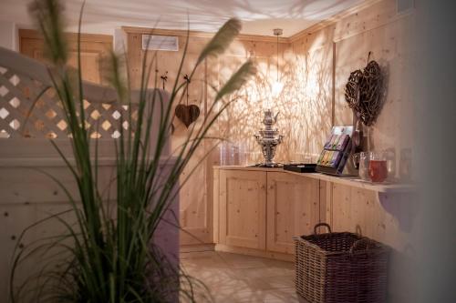 a room with a potted plant in front of a counter at Residence Cesa Sassela in Ortisei