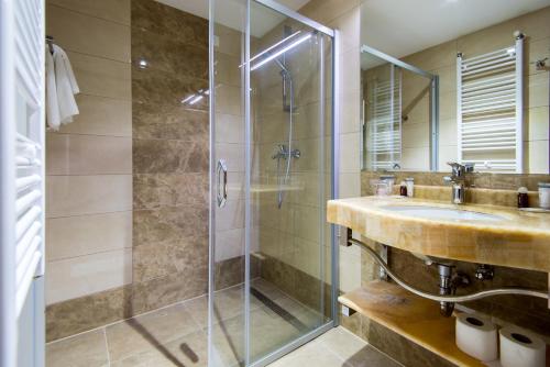 La salle de bains est pourvue d'une douche en verre et d'un lavabo. dans l'établissement Grand Hotel Neum Wellness & Spa, à Neum