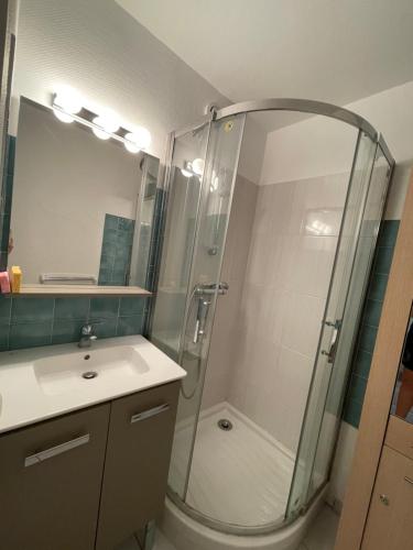een badkamer met een douche, een wastafel en een spiegel bij Appartement T2 Vue sur Mer Narbonne Plage- 5CAPA31 in Narbonne-Plage