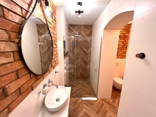 a bathroom with a sink and a shower at Brick Castle - Apartament Ulrich in Wrocław