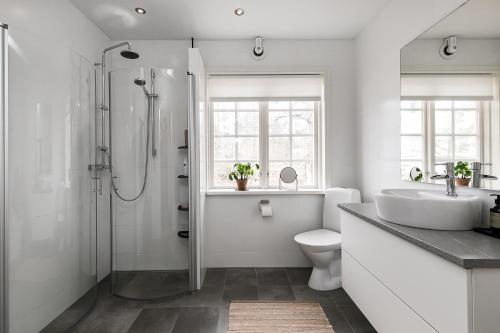 a bathroom with a sink toilet and a shower at Charming Villa at Askersund Golf Resort in Åmmeberg