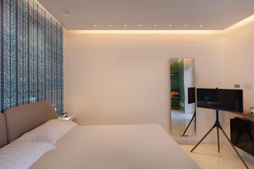 a bedroom with a bed and a flat screen tv at Di Capua House in Massa Lubrense