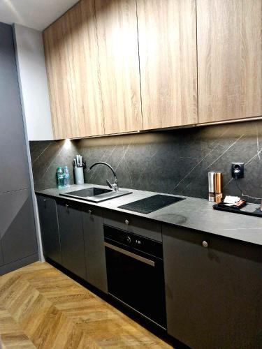 a kitchen with a sink and wooden cabinets at Apartament Zamojski Rynek 21 in Zamość
