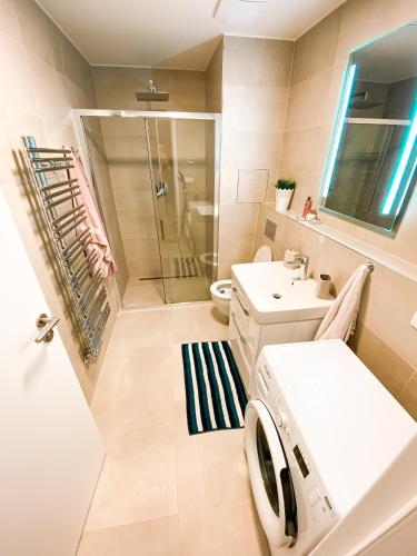 La salle de bains est pourvue d'une douche, d'un lavabo et d'un lave-linge. dans l'établissement Lovely studio apartment, à Prague