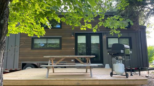 a picnic table and a grill in front of a house at Mini maison La Charme in Saint Zenon