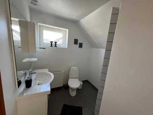 uma casa de banho branca com um lavatório e um WC em Hyggelig lejlighed em Bindslev