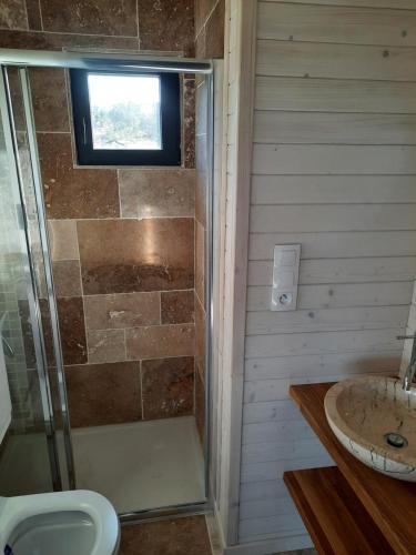 La salle de bains est pourvue d'une douche, de toilettes et d'un lavabo. dans l'établissement Lodge avec vue imprenable !, à Vingrau