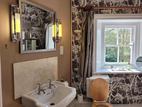 een badkamer met een wastafel, een toilet en een raam bij The Old Vicarage in Kington