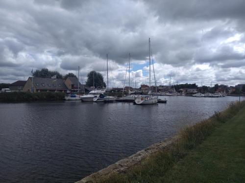 a group of boats are docked in a harbor at Chambre agréable au calme in Saint-Hilaire-Petitville