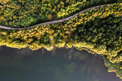 an aerial view of a river and trees at Studio Apartment zur alten Post, 48qm Individualapartment mit Blick über Zittaus Altstadt, Ferienwohnung im Altstadtkern umrandet vom Zittauer Gebirge in Zittau