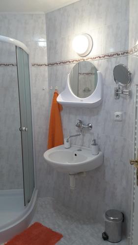 y baño con lavabo, espejo y ducha. en PRIVAT Pacholik en Rokytnice nad Jizerou