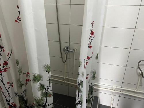 a bathroom with a shower with a shower curtain at Mokra Gora Central Apartments in Mokra Gora