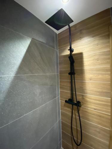 a shower with a hose hanging from a wall at DANDELION HOUSE in Žabljak