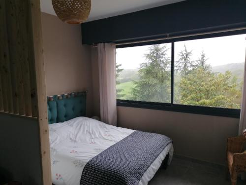 1 dormitorio con cama y ventana grande en Entre Perigueux et Bergerac en Vergt