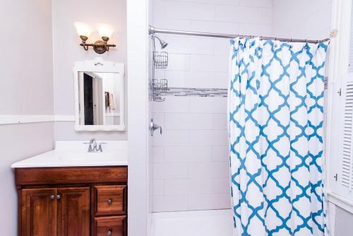 a bathroom with a shower curtain and a sink at Downtown Annapolis King George 1st Floor Hideaway in Annapolis