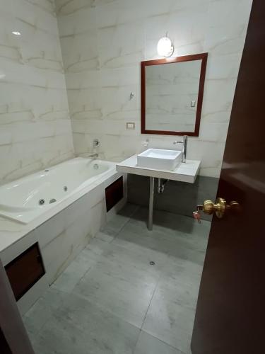a bathroom with a tub and a sink and a mirror at Hotel El Bosque in Jaén