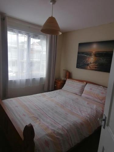 a bedroom with a large bed and a large window at Le Chalet - 2 Bedroom Chalet House sleeps 3 in Pembrokeshire