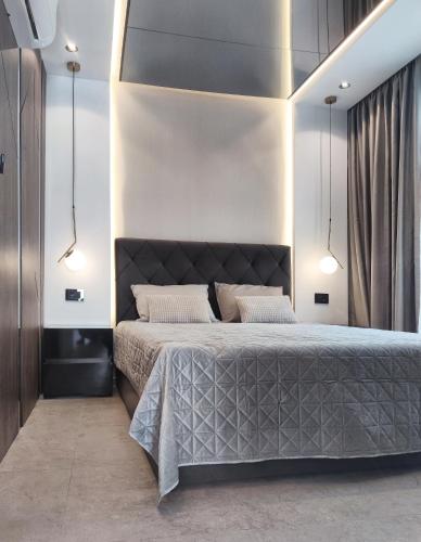 a bedroom with a large bed with two pillows at Casa Palmera in Novi Sad