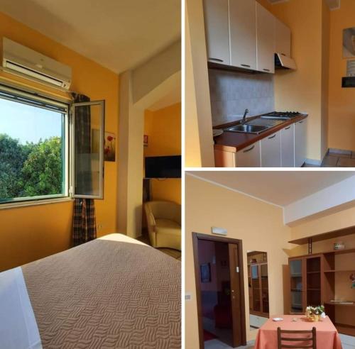 レッジョ・ディ・カラブリアにあるHotel Sirioのベッドとキッチン付きの部屋の写真2枚