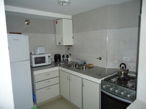 una pequeña cocina con fregadero y microondas en el Departamento Huarpes en Villa Gesell