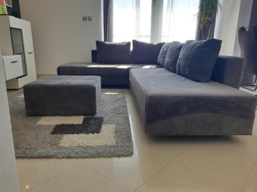 a living room with a blue couch and a rug at Apartment Hajdi in Podstrana