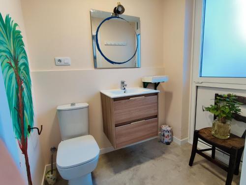ein Badezimmer mit einem WC, einem Waschbecken und einem Spiegel in der Unterkunft CS50 Alojamiento 1 dormitorio Monforte de Lemos in Monforte de Lemos