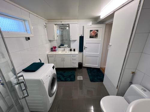 bagno con lavatrice e lavandino di koselig leilighet nær EB stranda ad Arendal