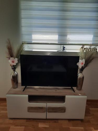 a flat screen tv sitting on top of a white entertainment center at Apartman TEJA DELUXE in Vrnjačka Banja