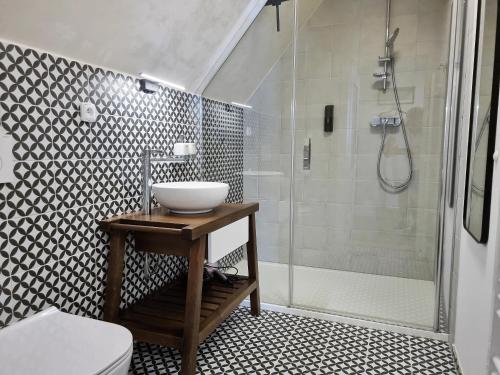 a bathroom with a sink and a shower at Zelené apartmá v centru města České Budějovice in České Budějovice