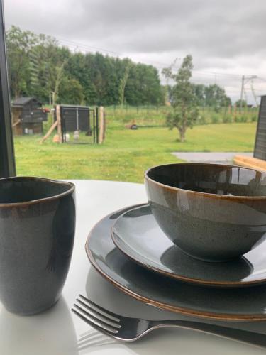 Twee zwarte kopjes en borden op een tafel met een raam. bij Droom aan de Linge in Wadenoijen