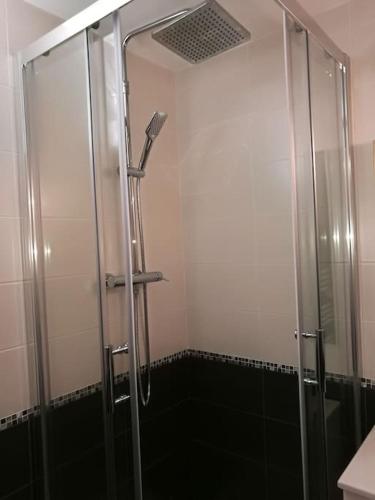 une douche avec une porte vitrée dans une salle de bain dans l'établissement appartement 4personnes à saint lary soulan, à Saint-Lary-Soulan