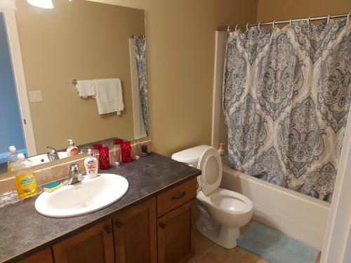 La salle de bains est pourvue d'un lavabo, de toilettes et d'un rideau de douche. dans l'établissement Peaceful and Spacious Lake View, à West Kelowna
