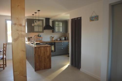 - une cuisine avec un évier et un comptoir dans l'établissement Maison landaise rénovée avec charme, à Lit-et-Mixe