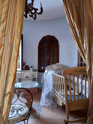 a bedroom with a crib and a table in a room at Villa Ioanneta in Achladi