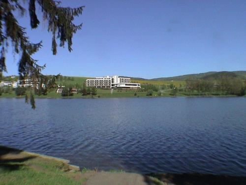 a large lake with a building in the background at Hotel Adamantino in Luhačovice