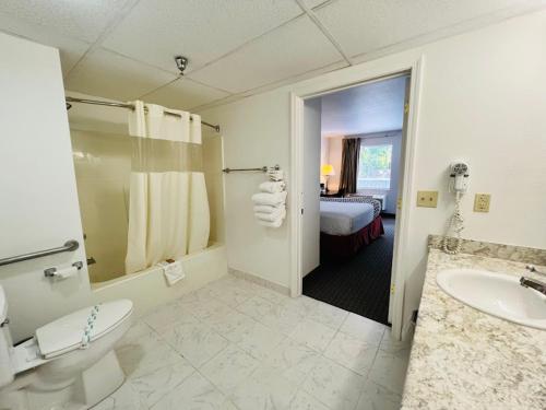 a bathroom with a toilet and a sink and a bed at Celebrity Inn in Branson