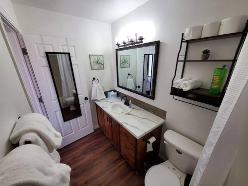 ein Badezimmer mit einem Waschbecken, einem WC und einem Spiegel in der Unterkunft Bear Lake Emerald Retreat with lake view. in Garden City