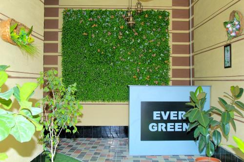 a green wall with a sign that says evergreen at Evergreen Guesthouse in Margilan