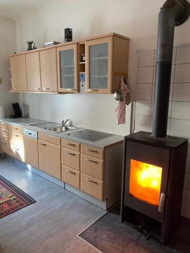 a kitchen with a wood stove in a kitchen at Villa PetraBUNT in Villach