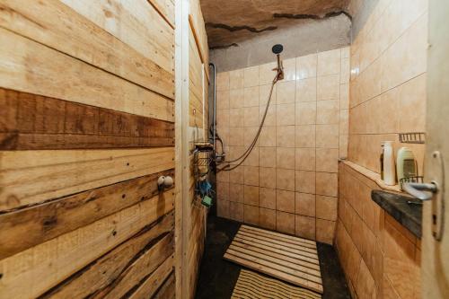 a bathroom with a wooden wall and a shower at Pilsētas glempings - "Šķūņaugša" in Valmiera